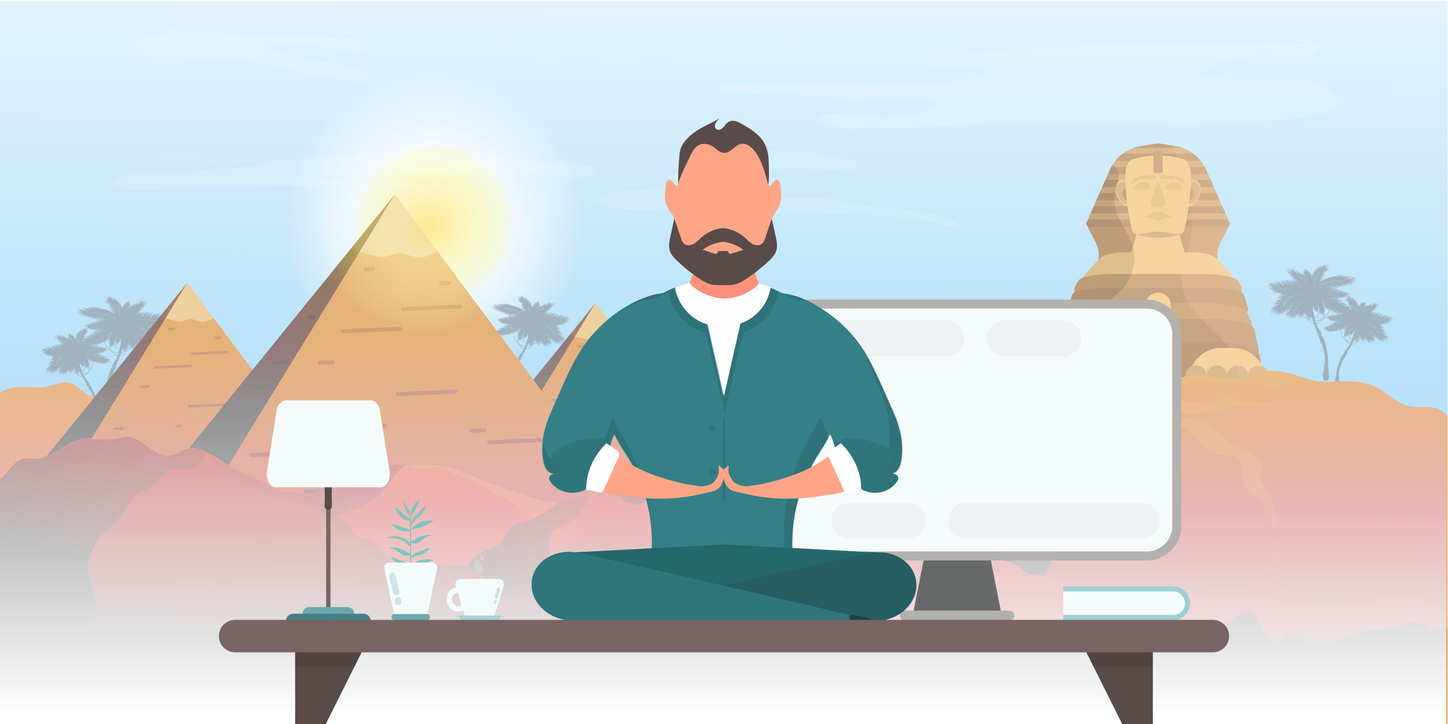 Businessman meditates on the office desk against the background of the beach. Good for relaxation, yoga and upcoming vacations. Vector.